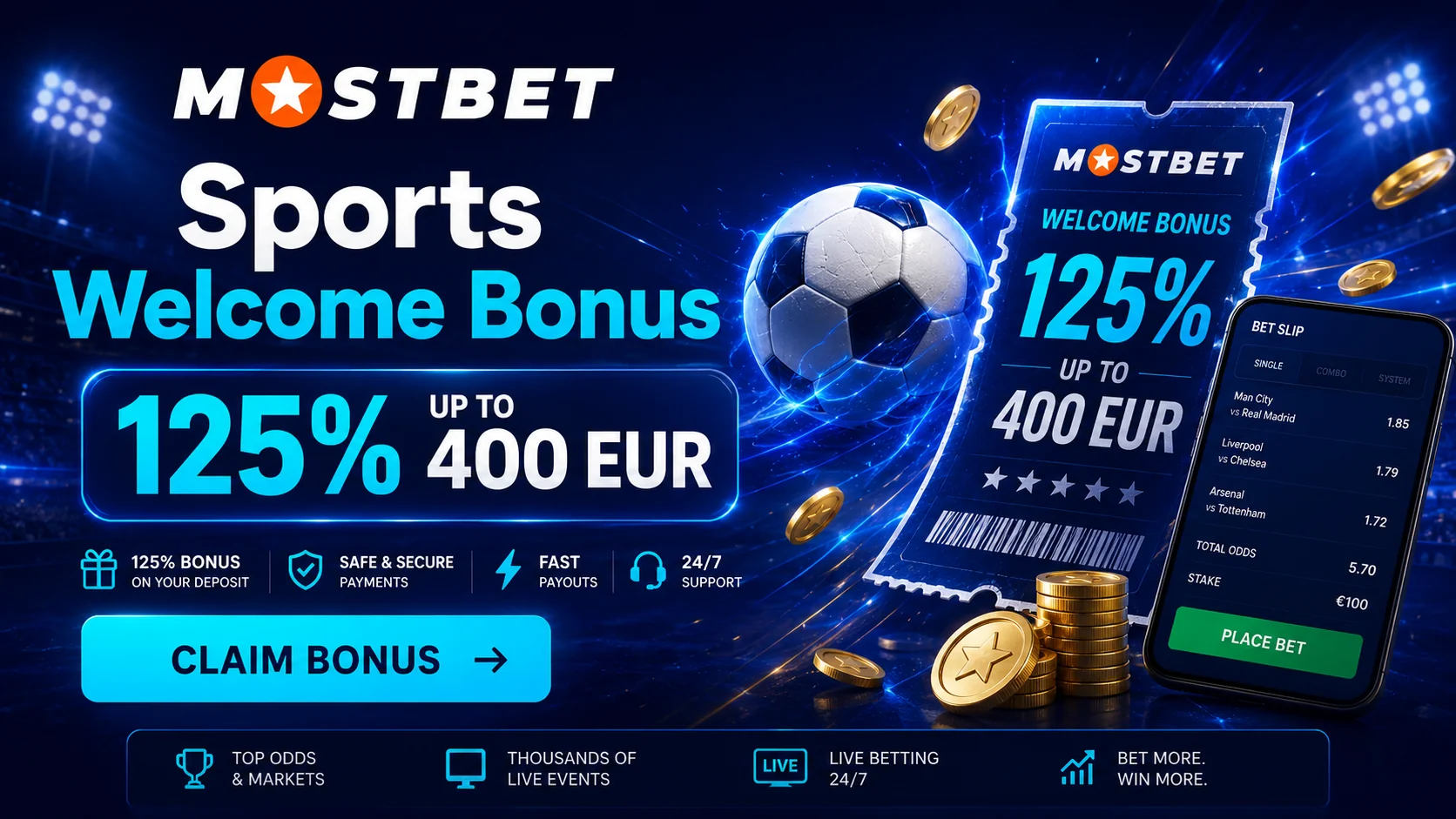 Mostbet sport bonus: 125% up to 400 EUR on the first deposit