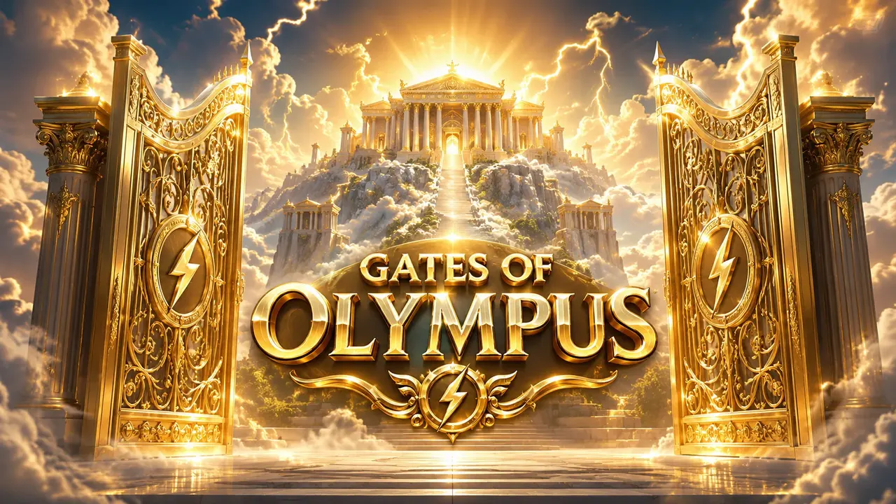 Gates of Olympus slot at Mostbet with Zeus beside the 6x5 grid and multiplier orbs on the reels