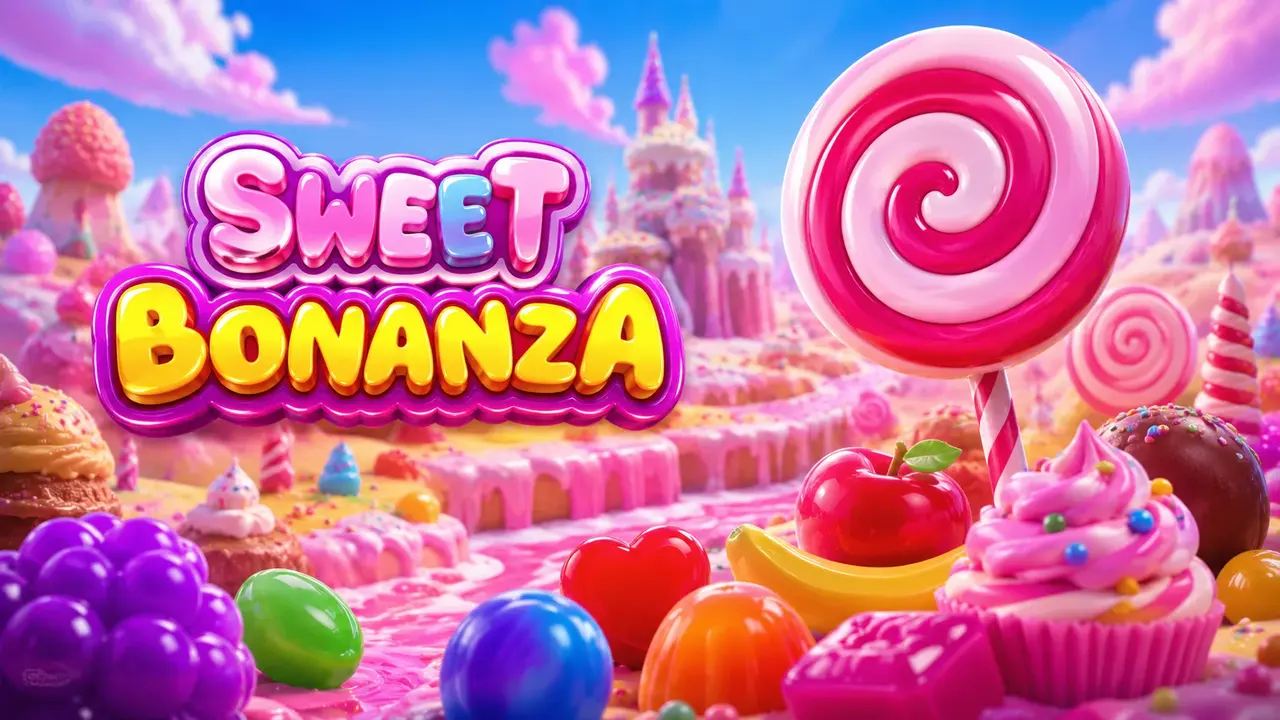 Sweet Bonanza slot at Mostbet showing the candy grid with fruit symbols and a multiplier bomb